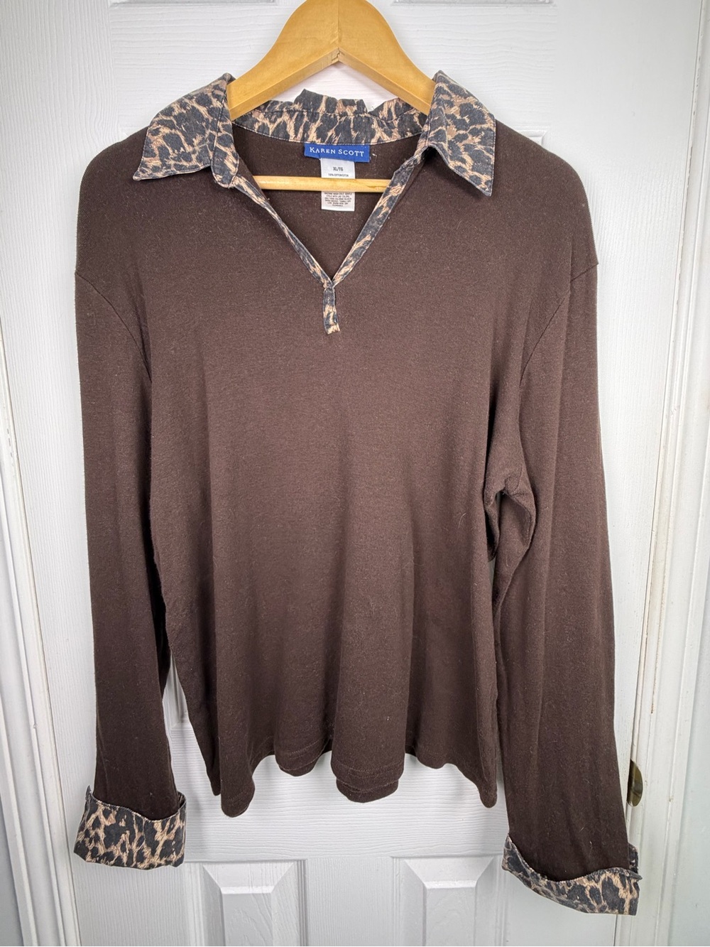 Karen Scott Leopard Trim Brown Top XL Cotton Animal Print Casual Pullover